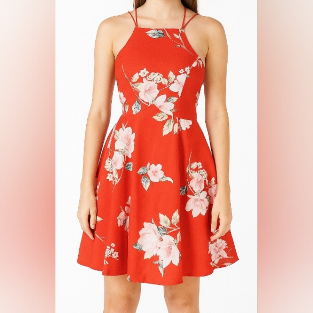 Womens Floral Red Halter Stappy Dress Layered Charlotte Russe Sz Med Super Cute